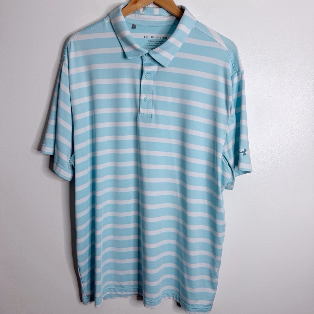 Under Armour Men's 2XL Playoffs‎ Polo Blue White Stripe Short Sleeves Stretch